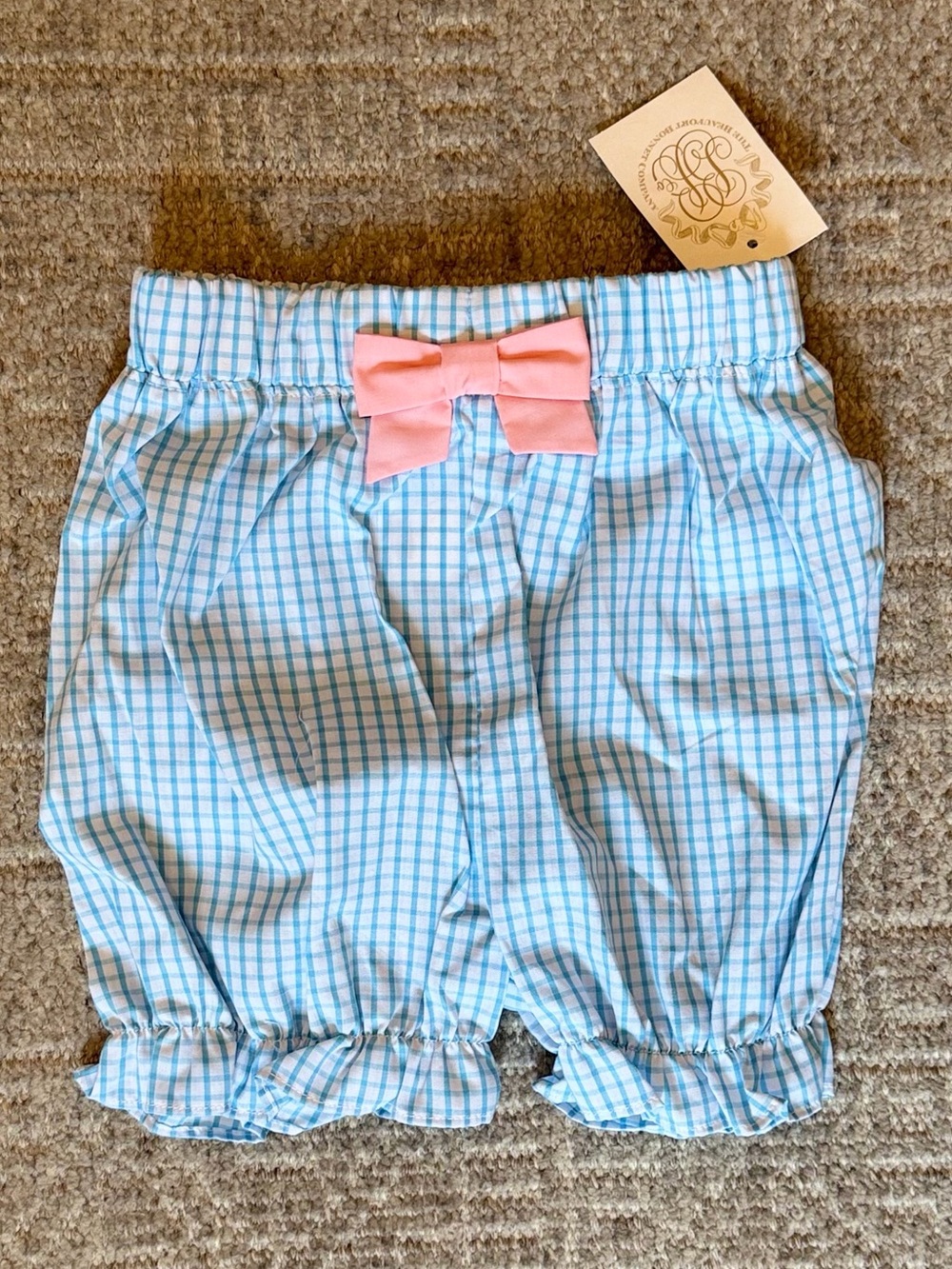 The Beaufort Bonnet Company Blue Gingham Shorts with Pink Bow